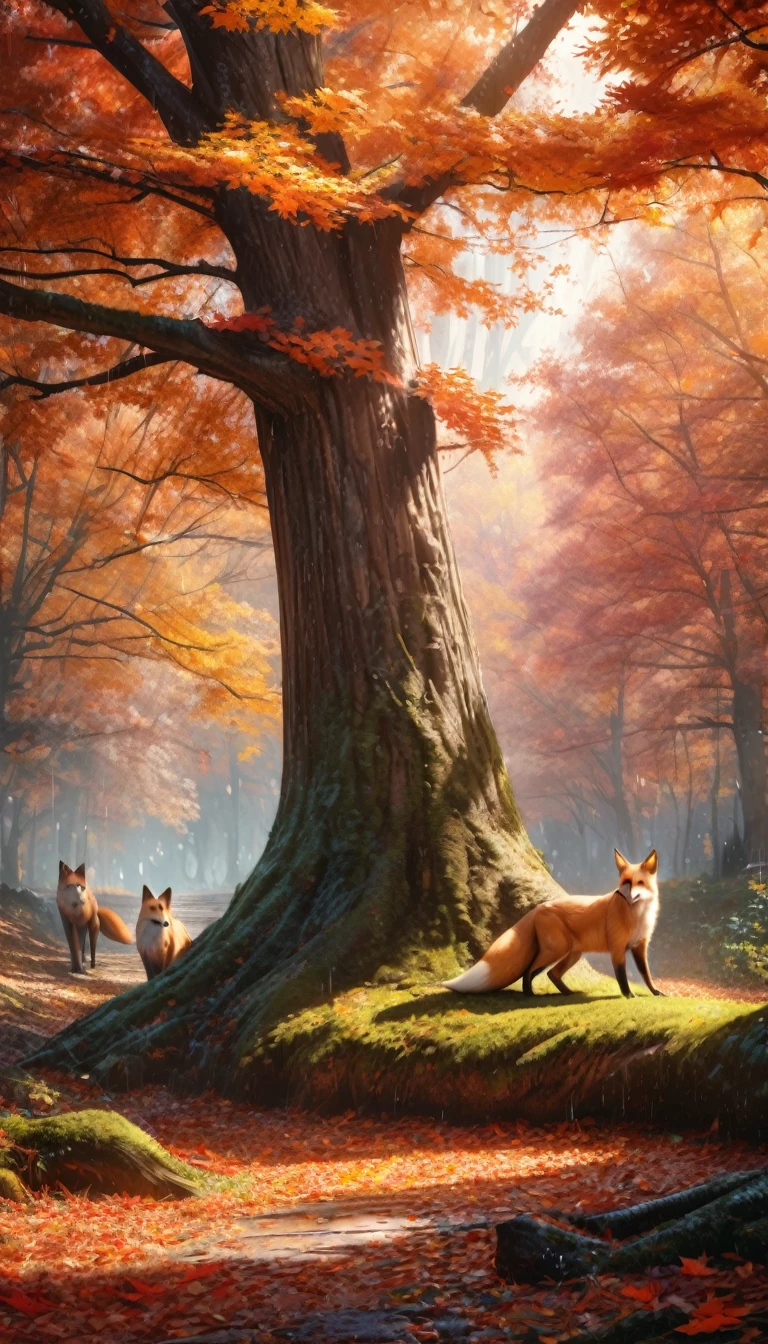 (Best Quality,4K,8K,hight resolution,masutepiece:1.2),Ultra-detailed,(Realistic,Photorealistic,Photorealsitic:1.37),Colorful autumn landscape, Fox,cute fox,autumn forest,Fox in a maple leaf cloak,Hidden Fox,Tree roots,rainy day,tranquil atmosphere,maple trees,Colored leaves,Color Fox,dark green and orange leaves,,peaceful environment,Natural lighting,Soft raindrops,Leaves in the ground,Gentle fog,The sparkling sun illuminates the forest,Majestic tree trunk,Quiet loneliness,Magical atmosphere