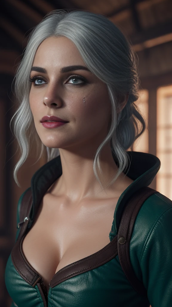 (masterpiece:1.3), (8k, photorealistic, RAW photo, best quality: 1.4), (1girl), (((Ciri from Witcher 3 with huge massive breasts))), overflowing cleavage, buttons straining, breast expansion,beautiful face, (realistic face), beautiful white hair, ((realistic green eyes:1.0)), beautiful detailed green eyes, (realistic skin), beautiful skin, (black jacket, hoodie), absurdres, attractive, ultra high res, ultra realistic, highly detailed, golden ratio, deep cleavage, , ((facial curved scar  left cheek)), ((dark fantasy ))