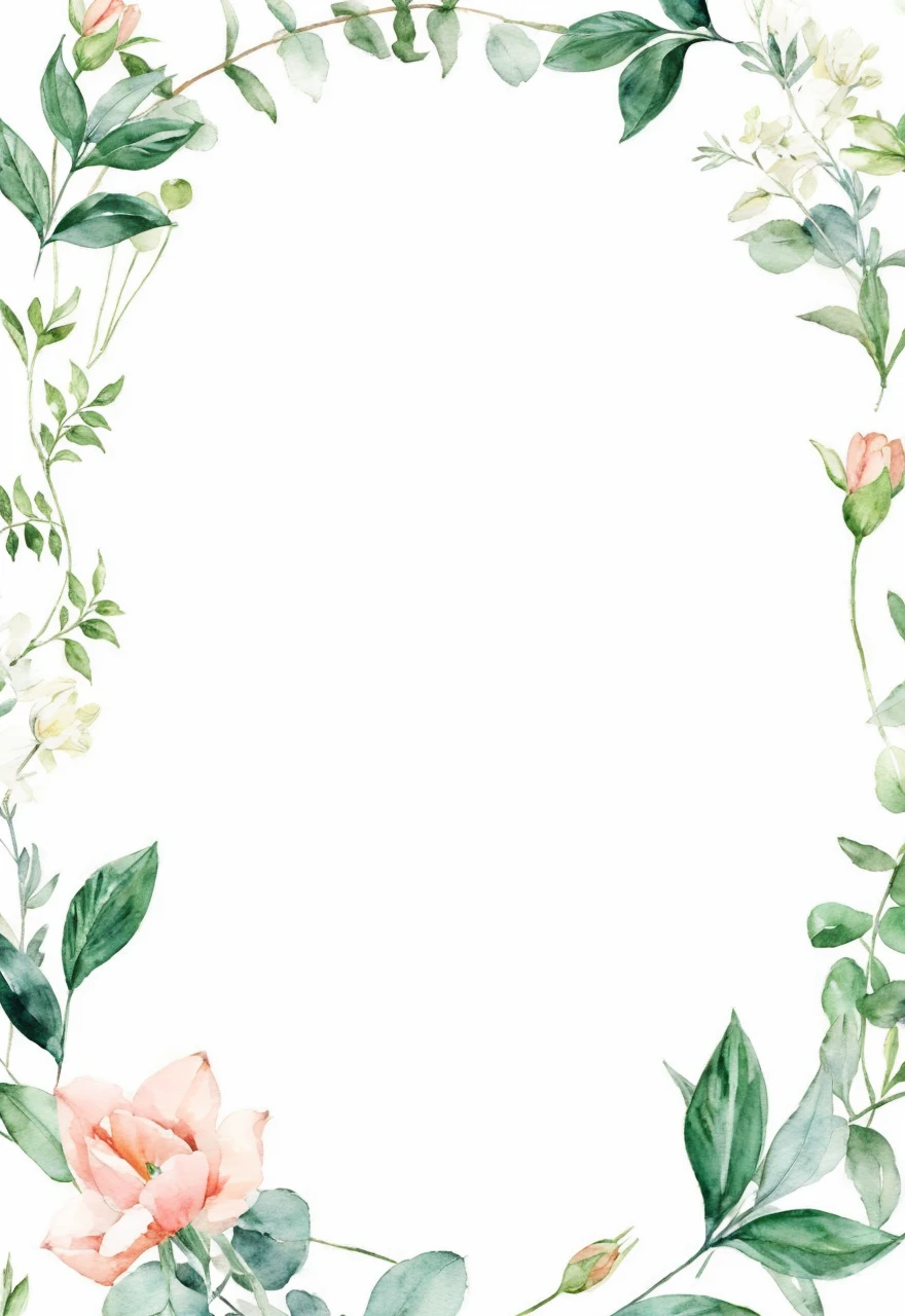 House warming invite , greenery leaves , pines , white tulips watercolour , on the top part of the invite ,natural , with wooden finish background of the invite
