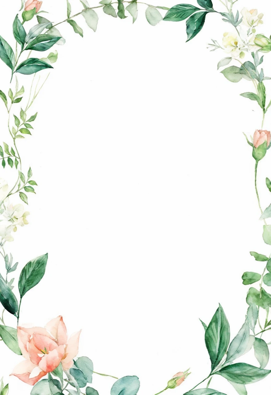 House warming invite , greenery leaves , pines , white tulips watercolour , on the top part of the invite ,natural , with wooden finish background of the invite 