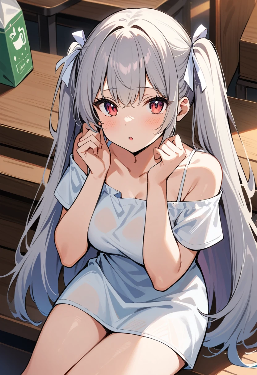 masterpiece, best quality, very aesthetic, absurdres, newest,1girl,naked_shirt, pussy_hair, ,formidable_(azur_lane), azur_lane,1girl, red_eyes, very_long_hair, grey_hair, hair_ribbon, long_hair, twintails, absurdly_long_hair, white_ribbon,,,in a cafe