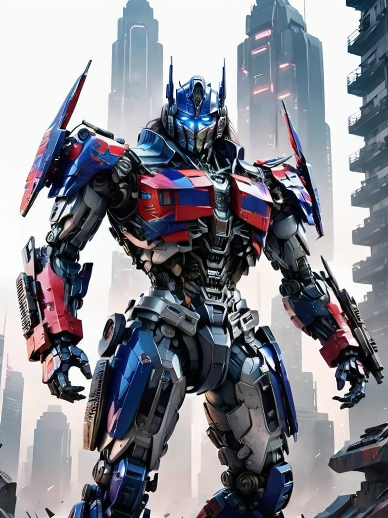 Optimus Prime,cyberhanfu, Cheongsam, cyberpunk city, dynamic pose, Headdress, hair ornament, long hair, cyberpunk, a high-tech city, full of machinery and futuristic element, futurism, technology,robot, mecha, weapon, no humans, science fiction, gun, white background, solo, holding, holding weapon, holding gun, clenched hand, standing, simple backgroundDe color ?????