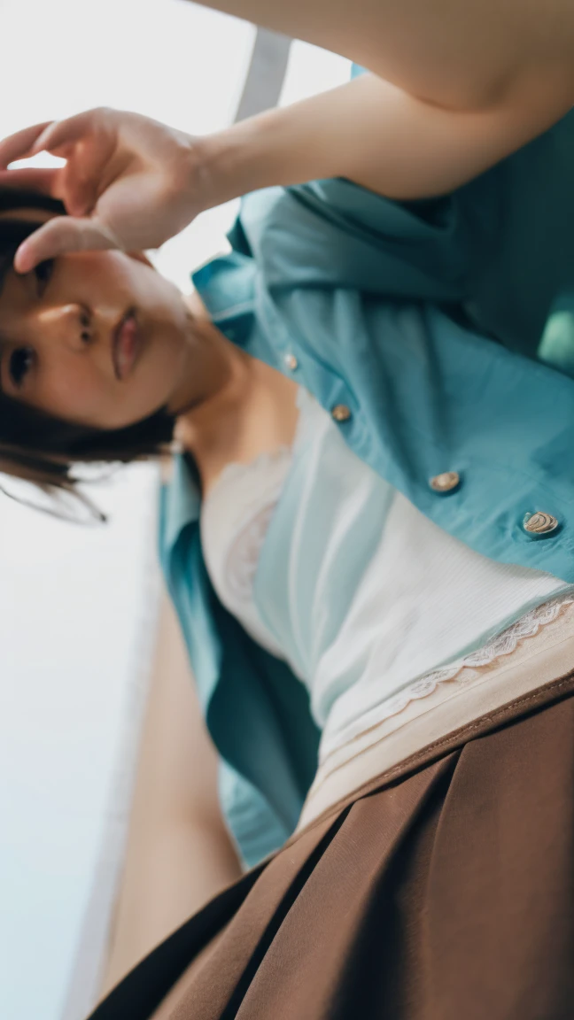 (((Low angle shooting、Looking into the camera:1.22,Leaning forward、Open shirt、No underwear)))、(((8k、highest quality、masterpiece、超A high resolution)))、(Realistic:1.4)、RAW Photos、(Real skin texture:1.3)、(Film Grain:1.3)、((Are standing、Skirt flutters in strong winds、Under the skirt、Do not bend your legs、Don'don't bend your knees、Spread your thighs、Beachside、))、One Girl、Beautiful and detailed eyes and face、masterpiece、highest quality、close、thin、Japanese Uniform、dynamic、barefoot、Mr.々A pose、