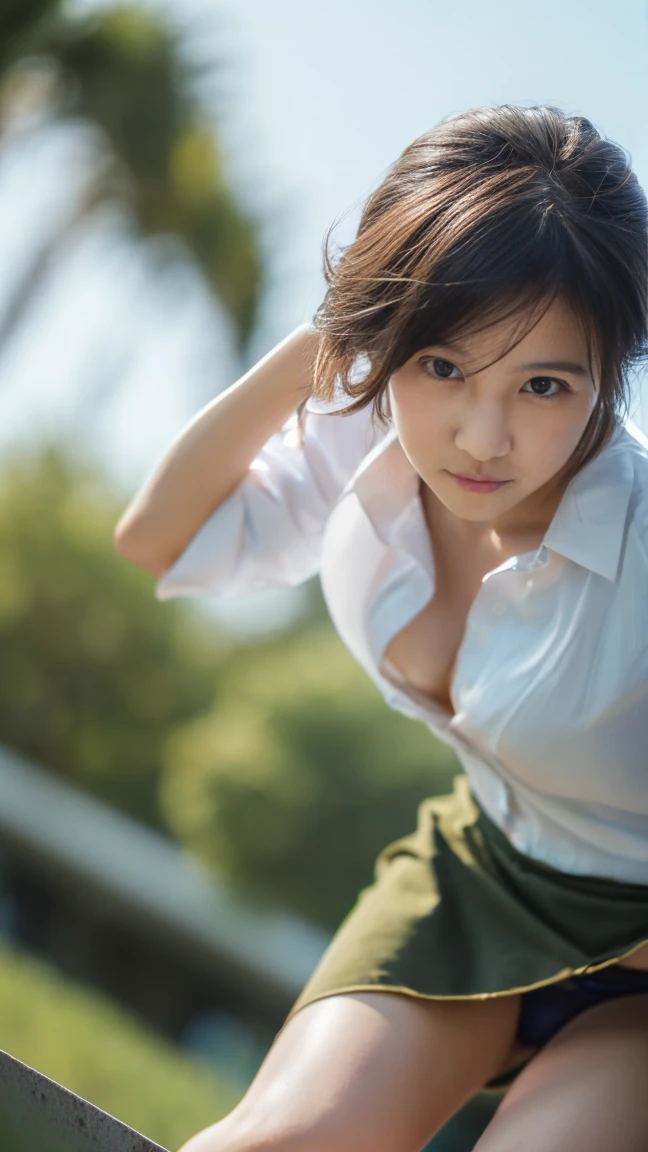 (((Low angle shooting、Looking into the camera:1.22,Leaning forward、Open shirt、No underwear)))、(((8k、highest quality、masterpiece、超A high resolution)))、(Realistic:1.4)、RAW Photos、(Real skin texture:1.3)、(Film Grain:1.3)、((Are standing、Skirt flutters in strong winds、Under the skirt、Do not bend your legs、Don'don't bend your knees、Spread your thighs、Beachside、))、One Girl、Beautiful and detailed eyes and face、masterpiece、highest quality、close、thin、Japanese Uniform、dynamic、barefoot、Mr.々A pose、