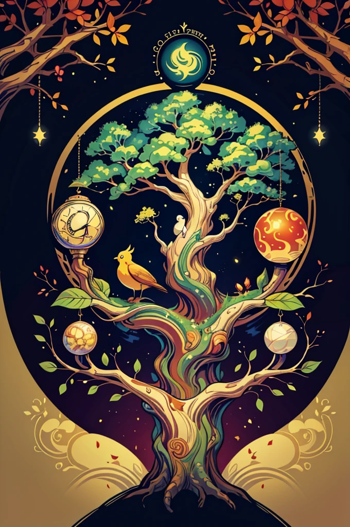 circular tree,four seasons,spring,summer,autumn,winter,leaves,roots,branches,trunk,ornate border,decorative,digital illustration,artwork,movement,time,swirling background,dark background,vibrant colors,natural,life cycle,growth,change,nature,life,peace,harmony,spirituality,symbolism,digital art,illustration,painting,graphic design,art,design,digital media,online art,visual art,fine art,fantasy