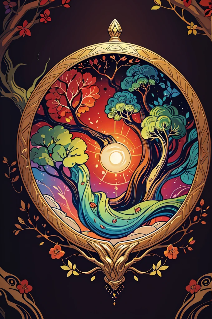 circular tree,four seasons,spring,summer,autumn,winter,leaves,roots,branches,trunk,ornate border,decorative,digital illustration,artwork,movement,time,swirling background,dark background,vibrant colors,natural,life cycle,growth,change,nature,life,peace,harmony,spirituality,symbolism,digital art,illustration,painting,graphic design,art,design,digital media,online art,visual art,fine art,fantasy