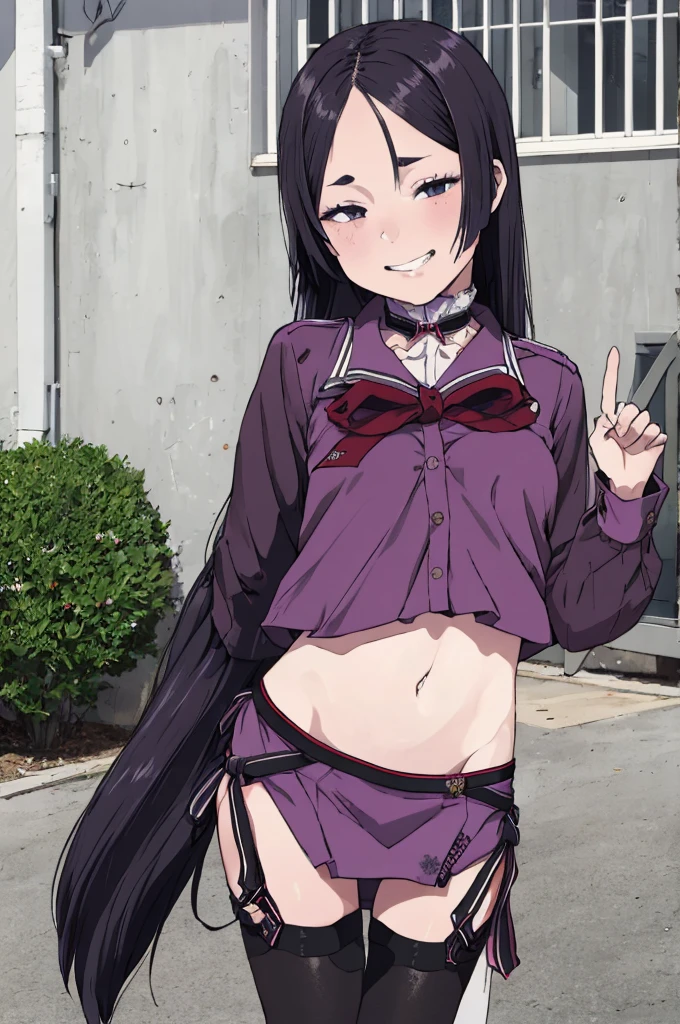 best quality, masterpiece, detailed,2d,flat color, 1girl,14yo,petit,grin,outdoor,miniskirt,thighhighs,(whore,bitch)