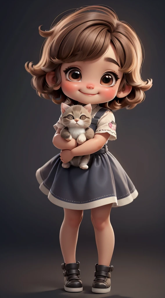 little baby girl, cute miniature, chibi style, short hair, light brown hair, fair skin, she is smiling happily, holding a gray kitten, full body