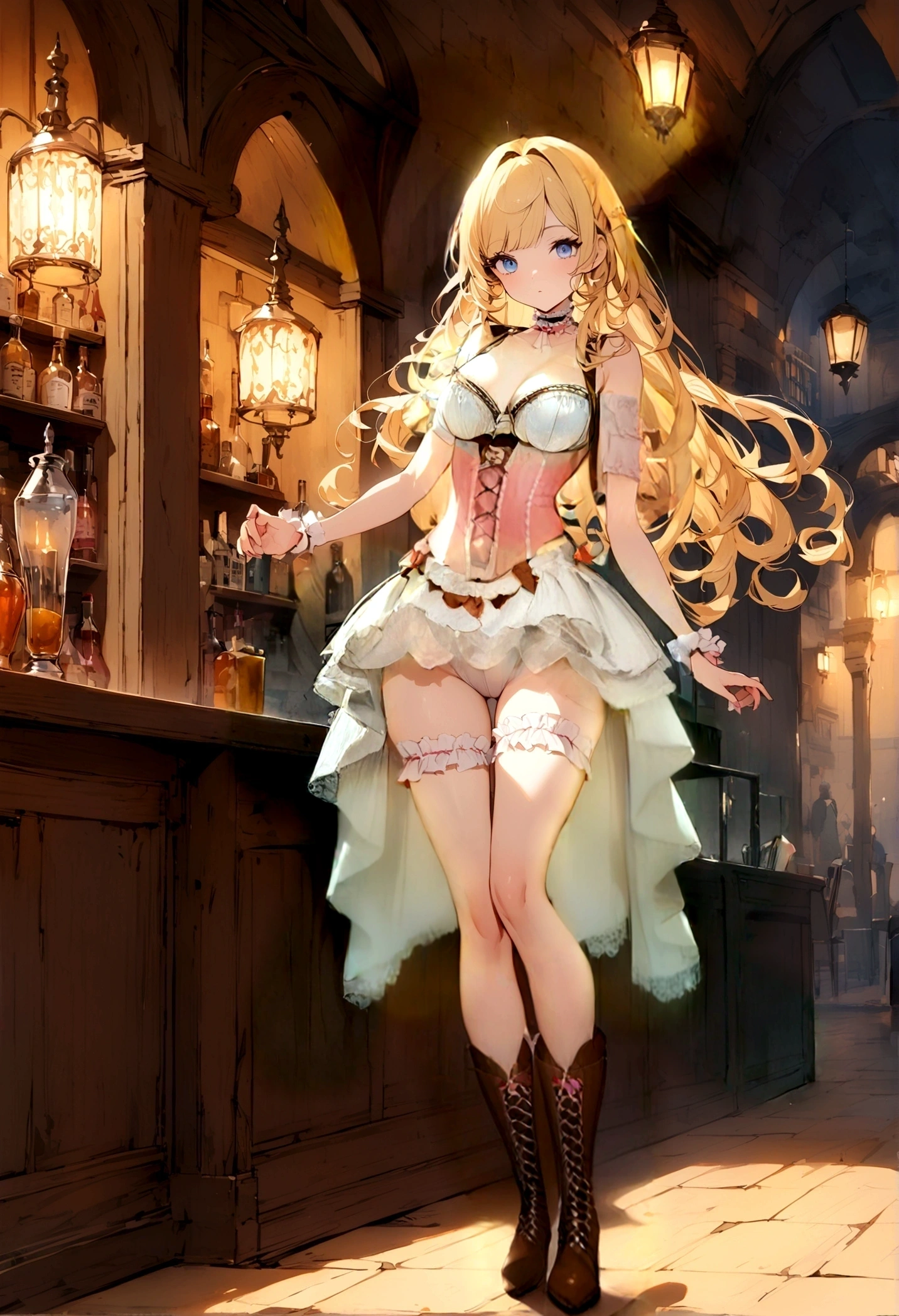 Curls,blonde_hair,blue_eyes,long_eyelashes,long_hair,fringe_bangs,side_curls,fullbody,standing,masterpiece,highress,frilly intricate pink saloon girl dress,knee length skirt,white accents, frilly lace choker,pink corset,lace up heeled boots,stockings,saloon,short at the front center of the skirt