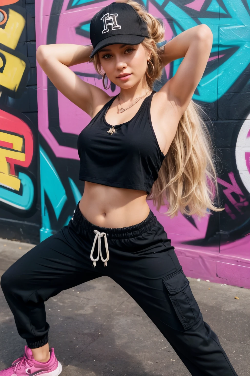 A voluptuous 1 girl with very long, curly grey-blonde hair in a ponytail, dressed in a hip-hop style casual outfit. She has a fuller bust and curvier butt, enhancing her feminine allure. She wears a loose-fit black top and wide cargo pants, along with sneakers. A baseball cap and accessories such as a necklace and earrings complete her look. She is walking her dog in a park, with lush greenery and a clear blue sky in the background. The scene captures the joy and freedom of the moment, with dynamic energy and sharp-focus. The image is of the highest quality, 32k, photorealistic, ultra-detailed, finely detailed, and high resolution. Her beautiful, detailed eyes and the playful interaction with her dog make the composition perfect. The shot is in a cowboy shot style. this image should be indistinguishable from a real photo