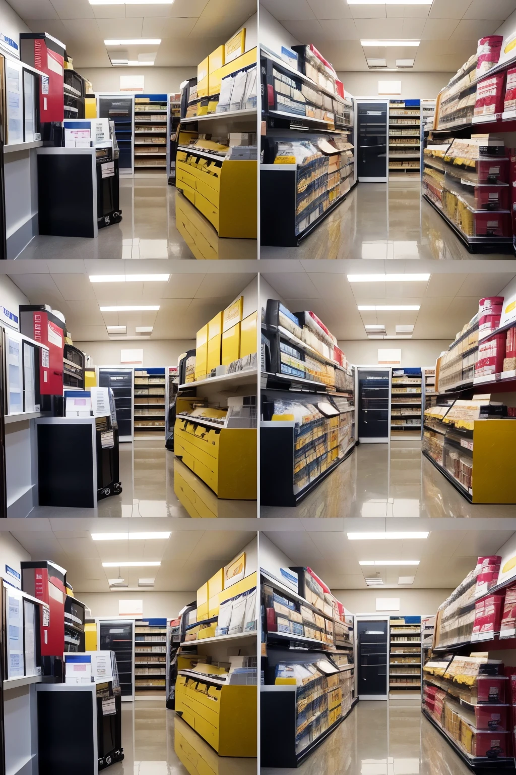 Create two images of the same store. One of the images must show the disorganized store, messy, with dirt. The second image must show the same store, but tidy, with products in the correct place.
