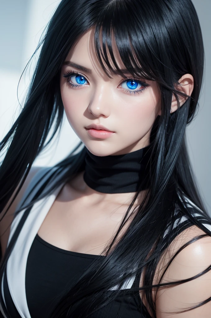 Create an anime character with black hair and blue eyes