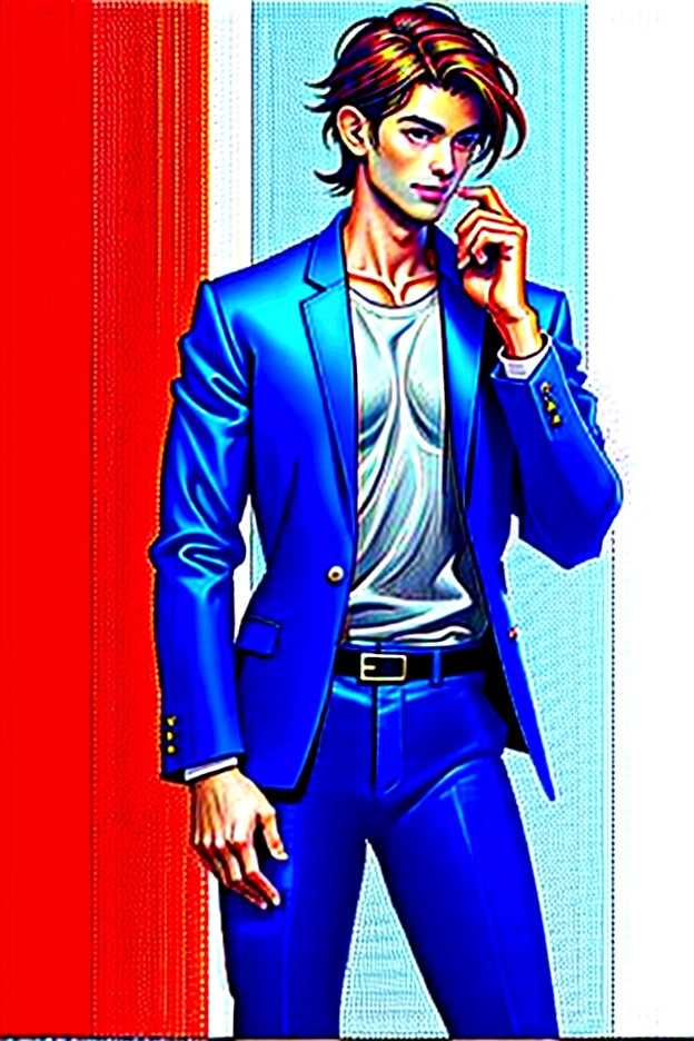 ((masterpiece, best quality)),(illustration),(detailedlight),((anextremelydelicateandbeautiful)),a leather brown suit-jacket with an an breast-pocket over a high-collared black shirt, dark grey pants and shoes, smiling, black anime medium-short length hair, handsome
He's a asian male that stands at 6'1"ft, 180lbs.
Has a medium build with a bit of muscle, dark brown hair, orange eyes, wolf cut hairstyle