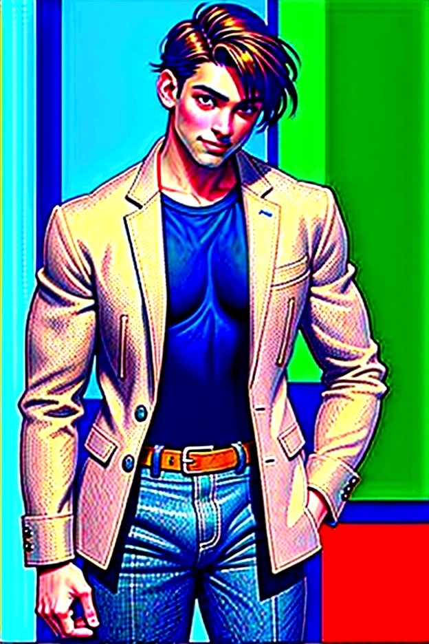 ((masterpiece, best quality)),(illustration),(detailedlight),((anextremelydelicateandbeautiful)),a leather brown suit-jacket with an an breast-pocket over a high-collared black shirt, dark grey pants and shoes, smiling, black anime medium-short length hair, handsome
He's a asian male that stands at 6'1"ft, 180lbs.
Has a medium build with a bit of muscle, dark brown hair, orange eyes, wolf cut hairstyle