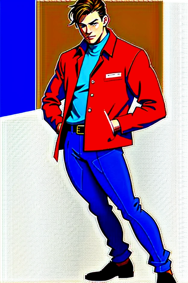 ((masterpiece, best quality)),(illustration),(detailedlight),((anextremelydelicateandbeautiful)),a leather brown suit-jacket with an an breast-pocket over a high-collared black shirt, dark grey pants and shoes, smiling, black anime medium-short length hair, handsome
He's a asian male that stands at 6'1"ft, 180lbs.
Has a medium build with a bit of muscle, dark brown hair, orange eyes, wolf cut hairstyle