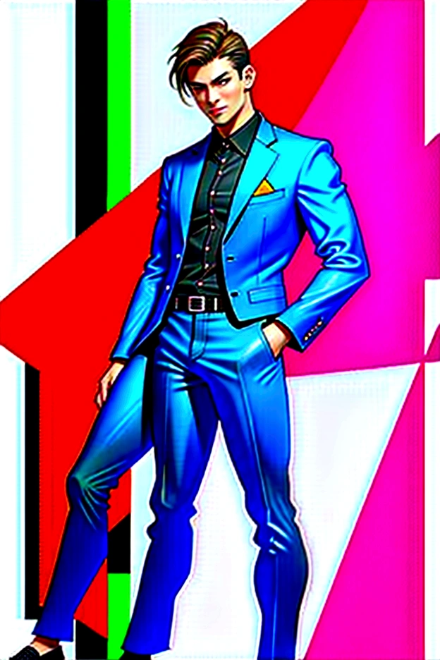 ((masterpiece, best quality)),(illustration),(detailedlight),((anextremelydelicateandbeautiful)),a leather brown suit-jacket with an an breast-pocket over a high-collared black shirt, dark grey pants and shoes, smiling, black anime medium-short length hair, handsome

He's a asian male that stands at 6'1"ft, 180lbs.

Has a medium build with a bit of muscle, dark brown hair, orange eyes, wolf cut hairstyle 

