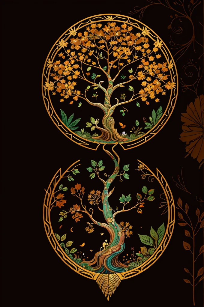 circular tree,four seasons,spring,summer,autumn,winter,leaves,roots,branches,trunk,ornate border,decorative,digital illustration,artwork,movement,time,swirling background,dark background,vibrant colors,natural,life cycle,growth,change,nature,life,peace,harmony,spirituality,symbolism,digital art,illustration,painting,graphic design,art,design,digital media,online art,visual art,fine art,fantasy