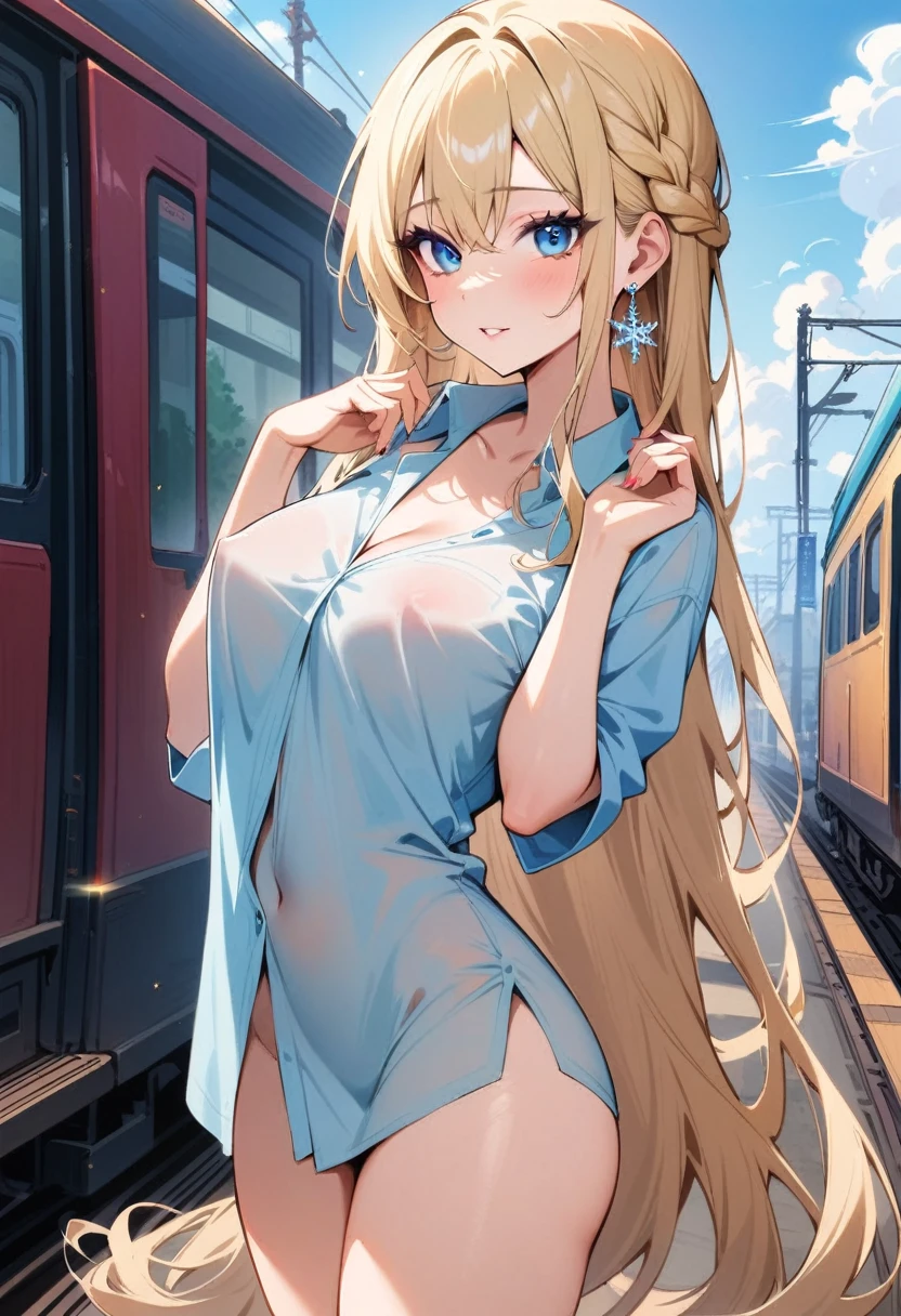 masterpiece, best quality, very aesthetic, absurdres, newest,1girl,naked_shirt, covered_nipples, ,elsa_(frozen), frozen_(disney), 1girl, blonde_hair, blue_eyes, braid, medium_breasts, single_braid, earrings, snowflake_earrings, eyeshadow, makeup, long_hair, very_long_hair,,,by the railway