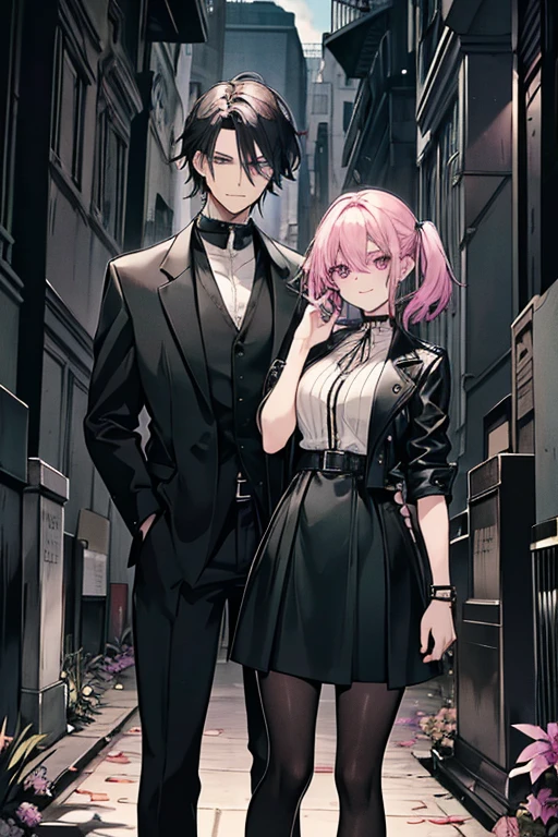 Two people,perfect face, perfect hands A gothic handsome black haired man with green eyes in a short sleeve shirt and cargo pants and a loose giant jacket is posing with a pink haired female reaper with violet eyes and an hourglass figure in a leather dress in the cemetery at night with big smiles.