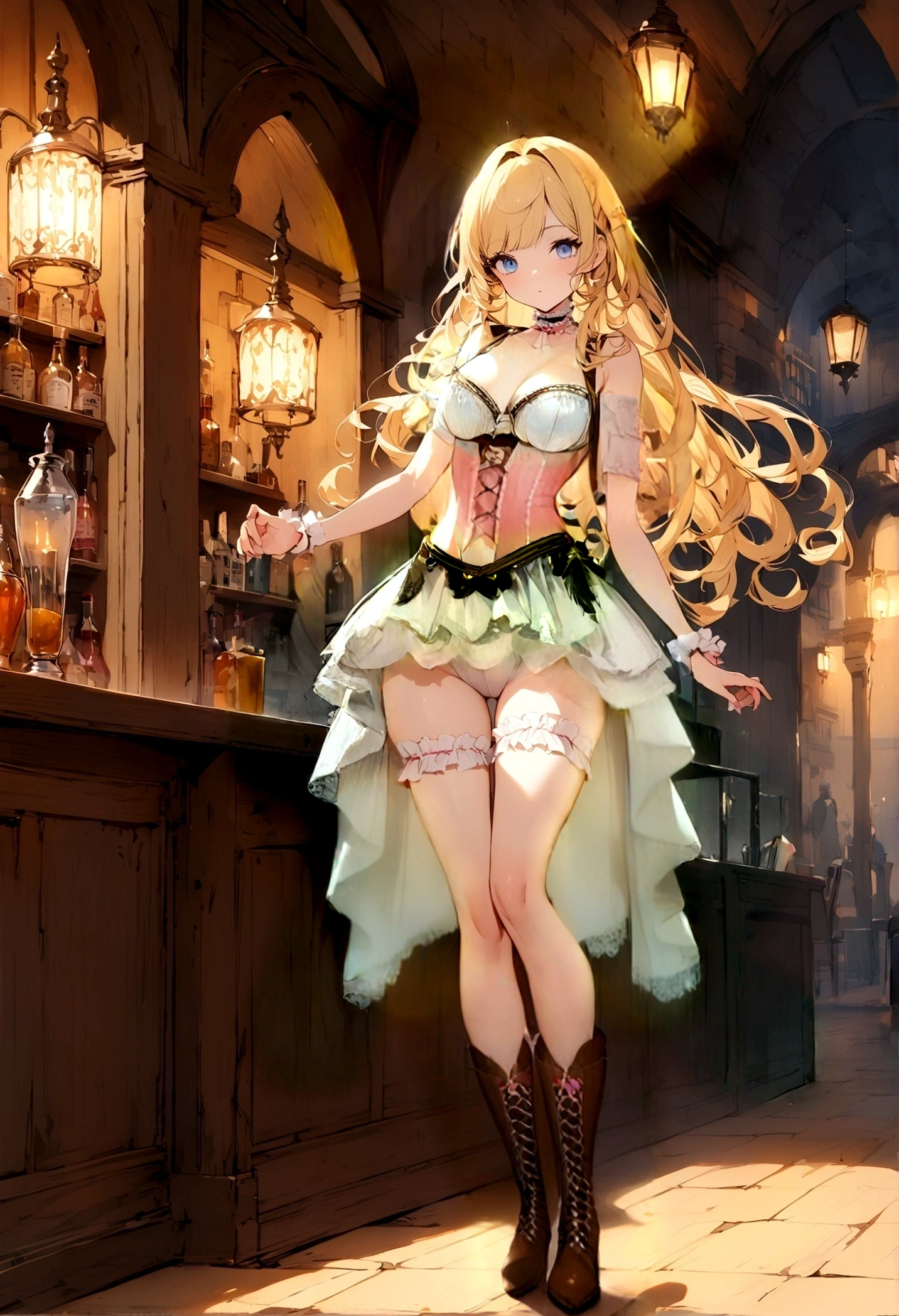 Curls,blonde_hair,blue_eyes,long_eyelashes,long_hair,fringe_bangs,side_curls,fullbody,standing,masterpiece,highress,frilly intricate pink saloon girl dress,knee length skirt,white accents, frilly lace choker,pink corset,lace up heeled boots,stockings,saloon,short at the front center of the skirt