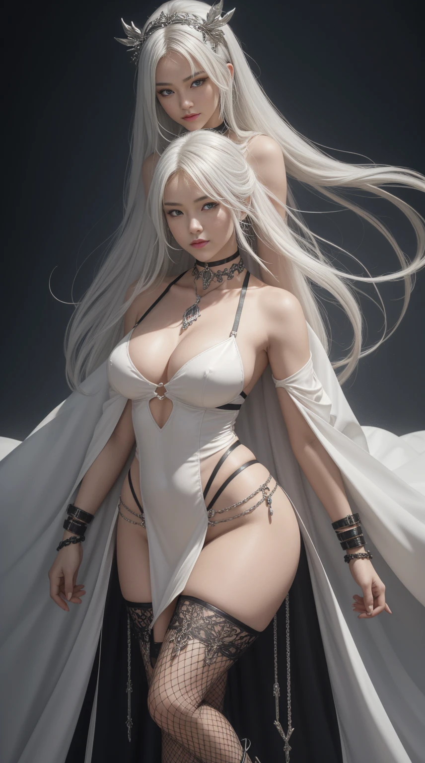 masterpiece, photorealism, a seductive pretty 19yo mixed korean american girl, very long slender legs, flirtatious smile, cleavage, 8k, highres, (((massive natural breasts))), (((massive natural breasts))),splash detailed, surreal dramatic Superlative, Best Quality, Masterpiece: 1.3, Seduction face, Stockings, Full body close-up, SFW giant, Shot, Huge Cool Goddess Shot, SFW Covering SFW, Big areola, Beautiful and Aesthetic: 1.2, Very big, Very big ass, Thick thighs, SFW giant, Shot, Huge Cool Goddess Shot, Big areola, Beautiful and Aesthetic: 1.2, Very big, Very big ass, Thick thighs,
Masterpiece, 8k, top quality, hdr. white hair ultrabeauty, perfectly toned, long-legged, firm and accentuated bolted-on like alluring voluptuous curves, wears very revealing tunic, reminiscent modern body-hugging mini-dress. The dress сonsists of two sheer-white silk straps of hugging top and micro mini-skirt areas, other parts consists of lace material with small fishnet inrticate embroidery, exaggerated high-slit neckline, extremely deep cleavage, underboob panel, midriff revealing panel, crisscrossing straps along the sides, extreme open-back design. Dress contains maximally emphasized lingerie elements. Over tunic she wears silver jewerly-decorated full-body o-ringed harness, that non-covered high-slit area. Through tunic visible o-ring harness leather micro-thongs. decorated by silver jewelry plates. Thigh-high high-heeled leather boots decorated like an intricate fantasy armor by silver elements. On hands she wears white small fishnet gloves, silver bracers and straps. On waist she wears thin and intricate jewelry silver chain, decorated with dangling small pagan symbos. On neck she wears sliver choker collar necklace, dangling by brilliant gemstones.,Enhance,Boltedgoddess,hourglass body shape,Nice legs and hot body