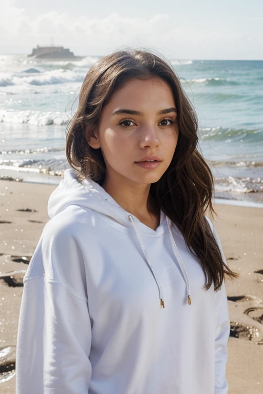 (ultra realistic), ((master part)), ((circunstanciado)), rosto perfeito, olhos perfeitos, 20 anos, menina slim fit, cara bonito, Beautiful , grandes olhos azuis, olhos perfeitos, Olhos detalhados, luz natural, noite, humor sexy, Pose sexy, Sombra Escura, Blurry, rough skin, cabelos longos, peito grande, wearing clothes of going to the beach in a cold day, sand, cold Weathers