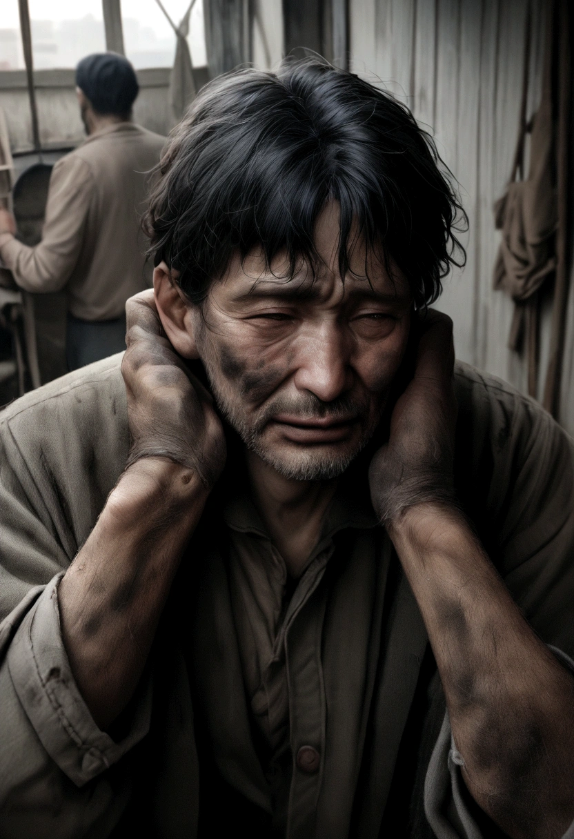 A realistic photo showing a man with the appearance of a factory worker. He has the expression of despair, with both hands around his throat as if he were about to hang himself. Your clothes are dirty and worn, giving an impression of hard work and difficult conditions. The background is gray and gloomy, reinforcing the atmosphere of sadness and despair., photo