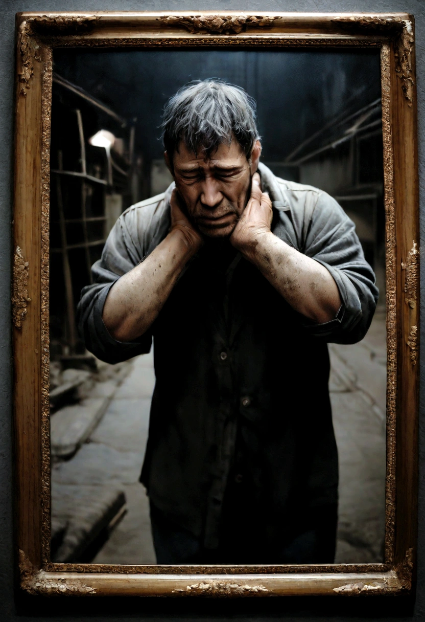 A realistic photo showing a man with the appearance of a factory worker. He has the expression of despair, with both hands around his throat as if he were about to hang himself. Your clothes are dirty and worn, giving an impression of hard work and difficult conditions. The background is gray and gloomy, reinforcing the atmosphere of sadness and despair., photo