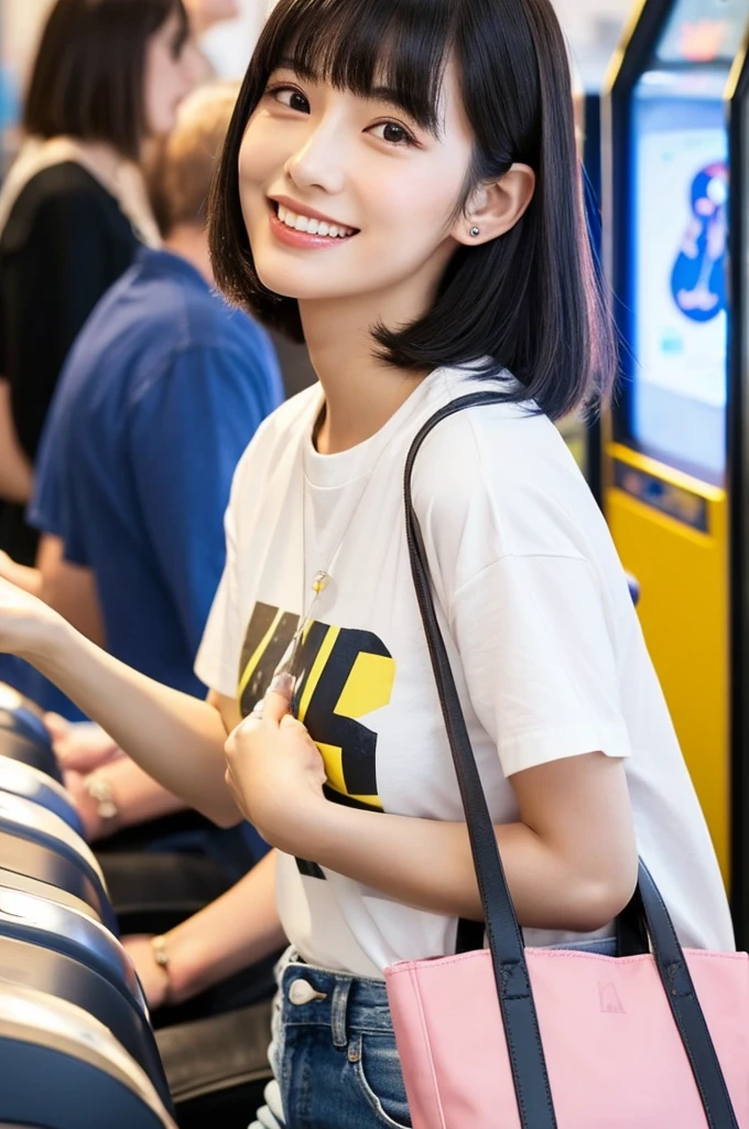Game center, professional gamer, ((full body)), ((photo)), ((best qualtiy, 8K, tmasterpiece: 1.3)), Focus: 1.2, perfect figure beautiful girl: 1.4, 1girl, cowboy shot, look at viewer, eyes facing the camera, incredibly absurd, beautiful and cute girl with a photorealistic face, showcasing top-quality craftsmanship, A Japanese girl playing games at an arcade, 17 years old, with a bob cut, silky black hair, bangs cut at an angle to reveal her right eye, large eyes, a soft smile, tanned skin, thin and well-formed eyebrows, straight nose with a rounded tip, thin lips but a healthy, natural pink colour, small ears with pierced ears, a slender neck with a sharp jawline, a small face with well-formed facial features, fair, fine, translucent skin, long eyelashes that make the eye makeup stand out, eyes that are powerful but also kind, Well-aligned, white teeth, healthy, shiny skin and hair, friendly expression, , slender, well-balanced proportions, good posture, beautiful C-cup breasts, white character T-shirt, blue denim jacket, yellow shorts, white sneakers, silver earrings, tote bag with game character illustration printed on it, beautiful girl, moe, devilish type, sociable and easy to talk to, values teamwork, curious and adventurous, has a sense of humor, July