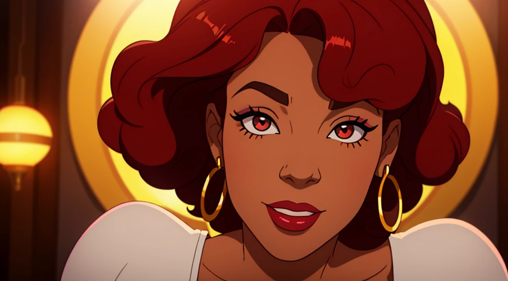 Create a close-up face portrait of a fictional 1970s African-American female R&B superstar named Ruby Roux. She has vibrant red curly hair, expressive brown eyes, and a radiant smile. Ruby wears bold makeup typical of the 1970s, including dramatic eyeliner and red lipstick. She is adorned with large hoop earrings and a glittery outfit that reflects the flashy style of the era. The background should feature a blurred colorful stage with vintage lights, adding to the retro and glamorous atmosphere. cinematic action, cinematic lighting, backlighting, masterpiece, anatomically correct, textured skin, super detail, 8k atmospheric perspective, depth of field,
