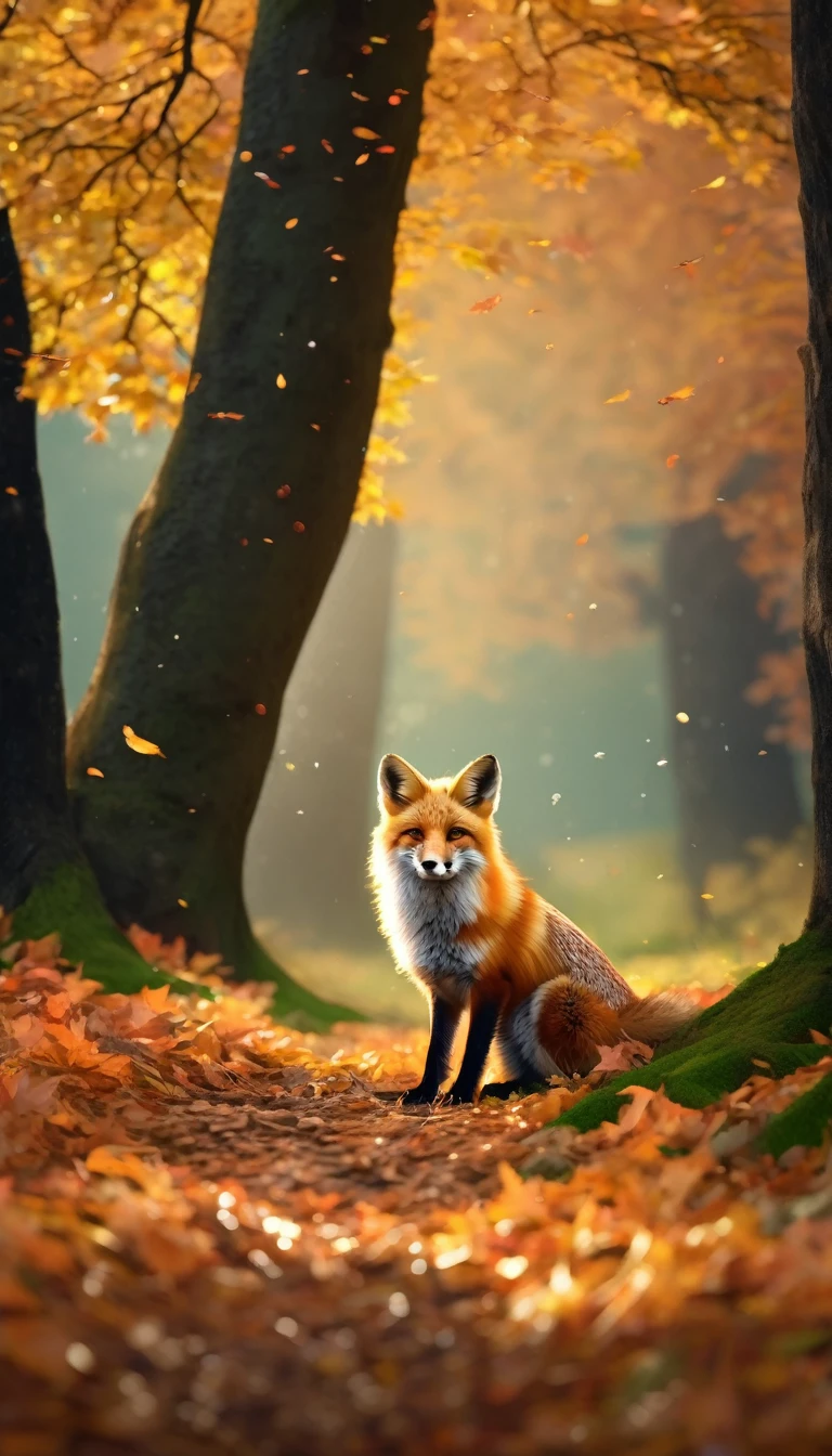 (Best Quality,4K,8K,hight resolution,masutepiece:1.2),Ultra-detailed,(Realistic,Photorealistic,Photorealsitic:1.37),Colorful autumn landscape, Fox,cute fox,autumn forest,Fox in a maple leaf cloak,Hidden Fox,Tree roots,rainy day,tranquil atmosphere,maple trees,Colored leaves,Color Fox,dark green and orange leaves,,peaceful environment,Natural lighting,Soft raindrops,Leaves in the ground,Gentle fog,The sparkling sun illuminates the forest,Majestic tree trunk,Quiet loneliness,Magical atmosphere