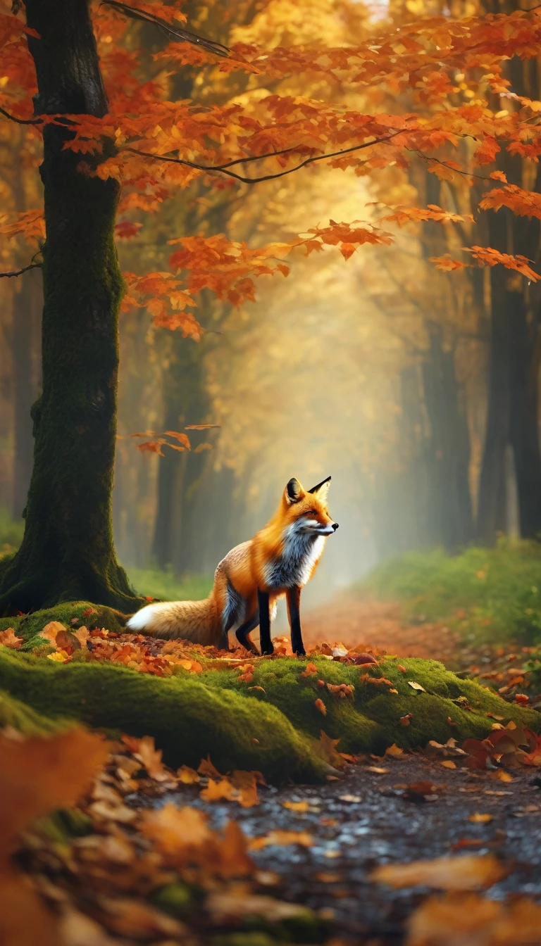 (Best Quality,4K,8K,hight resolution,masutepiece:1.2),Ultra-detailed,(Realistic,Photorealistic,Photorealsitic:1.37),Colorful autumn landscape, Fox,cute fox,autumn forest,Fox in a maple leaf cloak,Hidden Fox,Tree roots,rainy day,tranquil atmosphere,maple trees,Colored leaves,Color Fox,dark green and orange leaves,,peaceful environment,Natural lighting,Soft raindrops,Leaves in the ground,Gentle fog,The sparkling sun illuminates the forest,Majestic tree trunk,Quiet loneliness,Magical atmosphere
