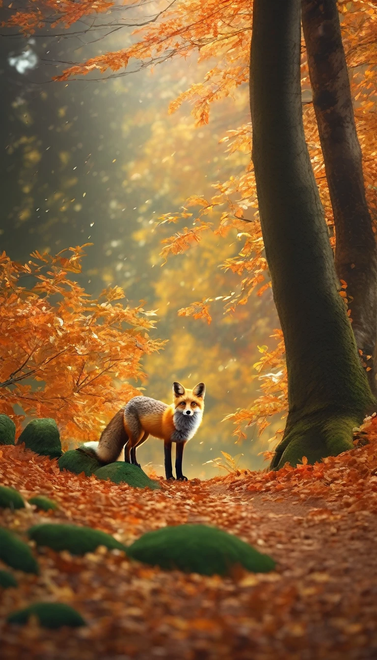 (Best Quality,4K,8K,hight resolution,masutepiece:1.2),Ultra-detailed,(Realistic,Photorealistic,Photorealsitic:1.37),Colorful autumn landscape, Fox,cute fox,autumn forest,Fox in a maple leaf cloak,Hidden Fox,Tree roots,rainy day,tranquil atmosphere,maple trees,Colored leaves,Color Fox,dark green and orange leaves,,peaceful environment,Natural lighting,Soft raindrops,Leaves in the ground,Gentle fog,The sparkling sun illuminates the forest,Majestic tree trunk,Quiet loneliness,Magical atmosphere