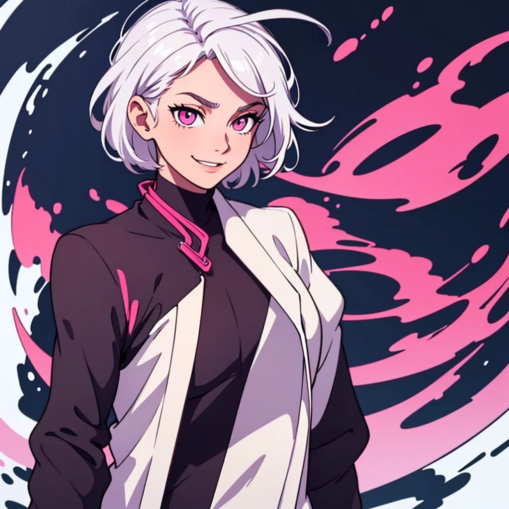 short white hair, highres, high resolution, masterpiece, wide dark pink eyes, looking right, looking towards the right, looking rightward, talking, grinning, confident, masterpiece, best quality, highres, 1 man, Gojo Satoru jujutsu kaisen, wavy hair, white hair, medium short hair, teenager, colorful hair, light background, full body, teenager, colorful parts, symbols, dark , bold, realistic mixing dark lines and loose lines, bold lines, on paper, human man, full body, imposing pose, stylish outfit, dark theme, beautiful, pretty, modest, standing, male, sharp chin, high cheekbones, white background, highres, high resolution, masterpiece, smiling, talking speaking, happy talking, chipper, cheery