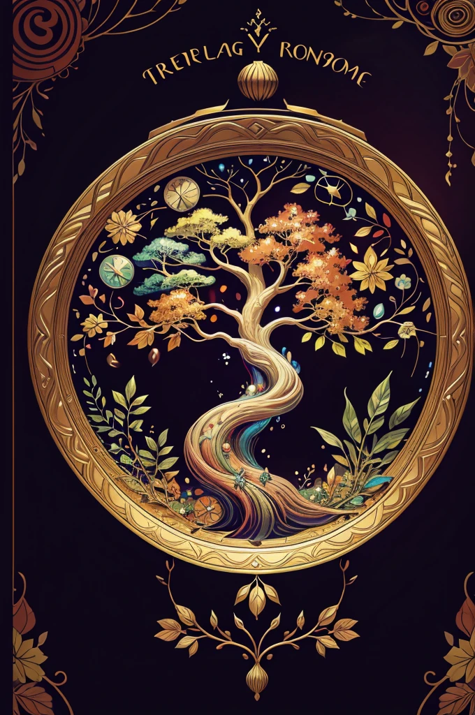 circular tree,four seasons,spring,summer,autumn,winter,leaves,roots,branches,trunk,ornate border,decorative,digital illustration,artwork,movement,time,swirling background,dark background,vibrant colors,natural,life cycle,growth,change,nature,life,peace,harmony,spirituality,symbolism,digital art,illustration,painting,graphic design,art,design,digital media,online art,visual art,fine art,fantasy