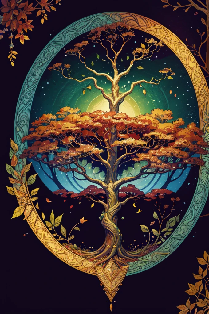 circular tree,four seasons,spring,summer,autumn,winter,leaves,roots,branches,trunk,ornate border,decorative,digital illustration,artwork,movement,time,swirling background,dark background,vibrant colors,natural,life cycle,growth,change,nature,life,peace,harmony,spirituality,symbolism,digital art,illustration,painting,graphic design,art,design,digital media,online art,visual art,fine art,fantasy