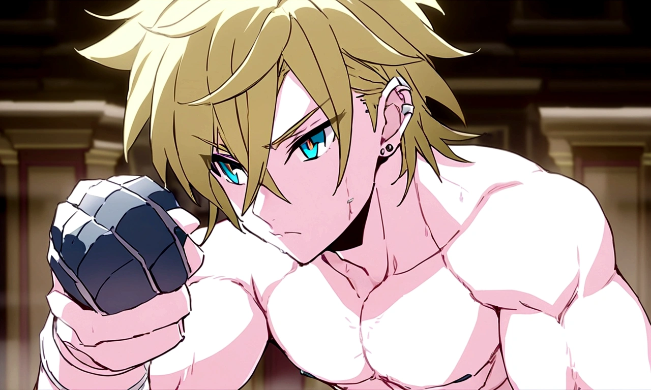 young man, He has blond hair, piercing blue eyes and an athletic body, wearing a white shirt and black shorts