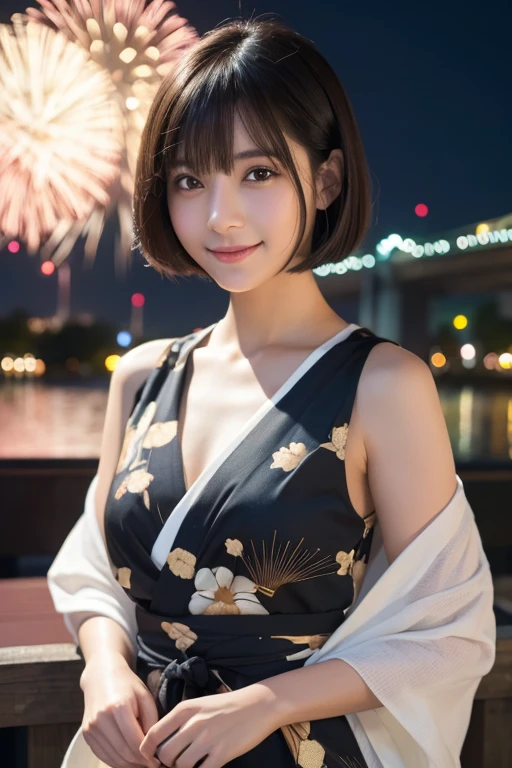 girl, White skin, Short dark brown tiered hair, V cut with layers and bangs, Brown eyes, Soft atmosphere characteristics (Highest quality, Ultra-high resolution, 8K, RAW Photos, Ultra-high resolution: 1.2, masterpiece: 1.2), (Realistic, Realistic: 1.37), Super detailed, Professional Lighting, Photon Mapping, Radio City, Physically Based Rendering, Japanese, 2People Girl, 2By people, Black Hair, cute, Nice, Adorable, A light smile, Normal chest,yukata,Fireworks display
