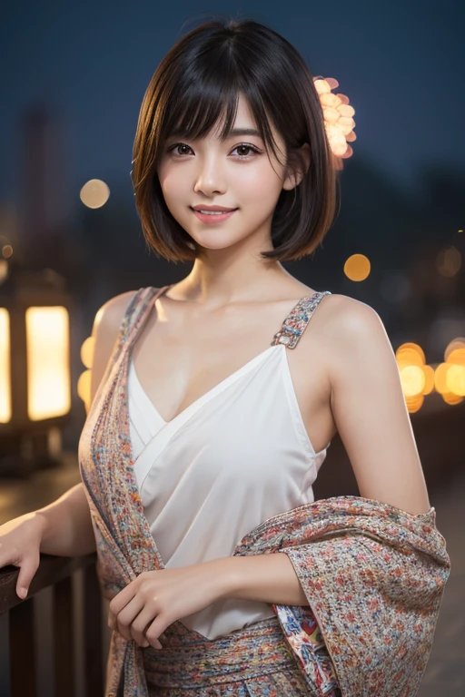 girl, White skin, Short dark brown tiered hair, V cut with layers and bangs, Brown eyes, Soft atmosphere characteristics (Highest quality, Ultra-high resolution, 8K, RAW Photos, Ultra-high resolution: 1.2, masterpiece: 1.2), (Realistic, Realistic: 1.37), Super detailed, Professional Lighting, Photon Mapping, Radio City, Physically Based Rendering, Japanese, ２People Girl, ２By people, Black Hair, cute, Nice, Adorable, A light smile, Normal chest,yukata,Fireworks display
