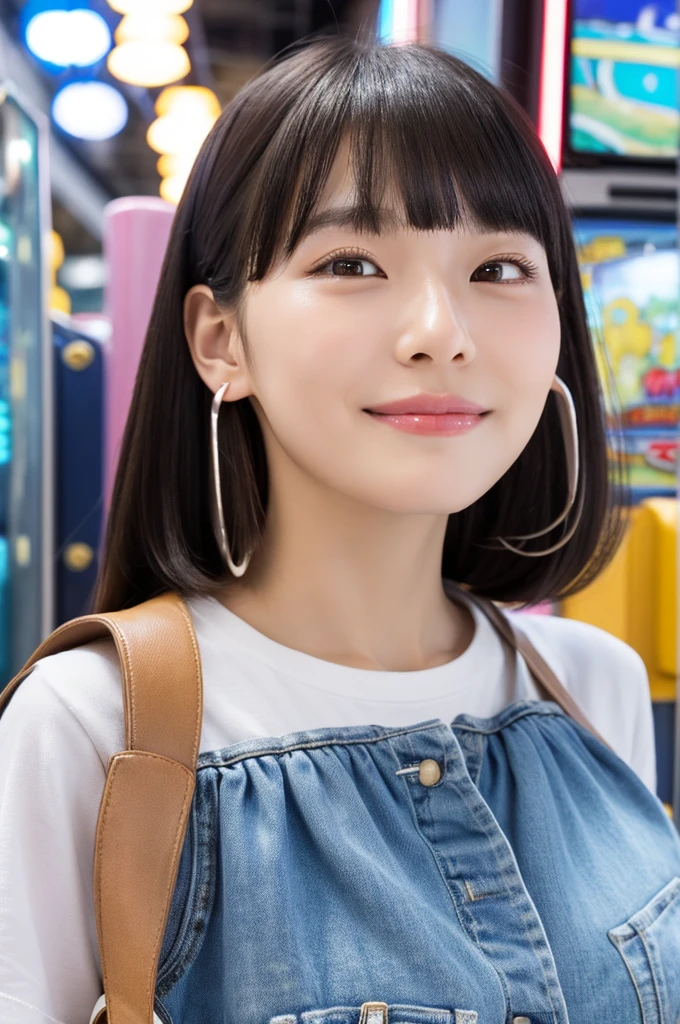 Game center, professional gamer, ((full body)), ((photo)), ((best qualtiy, 8K, tmasterpiece: 1.3)), Focus: 1.2, perfect figure beautiful girl: 1.4, 1girl, cowboy shot, look at viewer, eyes facing the camera, incredibly absurd, beautiful and cute girl with a photorealistic face, showcasing top-quality craftsmanship, A Japanese girl playing games at an arcade, 17 years old, with a bob cut, silky black hair, bangs cut at an angle to reveal her right eye, large eyes, a soft smile, tanned skin, thin and well-formed eyebrows, straight nose with a rounded tip, thin lips but a healthy, natural pink colour, small ears with pierced ears, a slender neck with a sharp jawline, a small face with well-formed facial features, fair, fine, translucent skin, long eyelashes that make the eye makeup stand out, eyes that are powerful but also kind, Well-aligned, white teeth, healthy, shiny skin and hair, friendly expression, , slender, well-balanced proportions, good posture, beautiful C-cup breasts, white character T-shirt, blue denim jacket, yellow shorts, white sneakers, silver earrings, tote bag with game character illustration printed on it, beautiful girl, moe, devilish type, sociable and easy to talk to, values ​​teamwork, curious and adventurous, has a sense of humor, July
