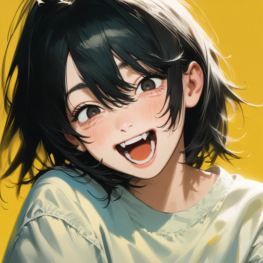 1girl, misaki kurehito, chainsaw man,, absurdres, official art, :d, > <, yellow background, ((very aesthetic, best quality, ultra detailed)), painterly