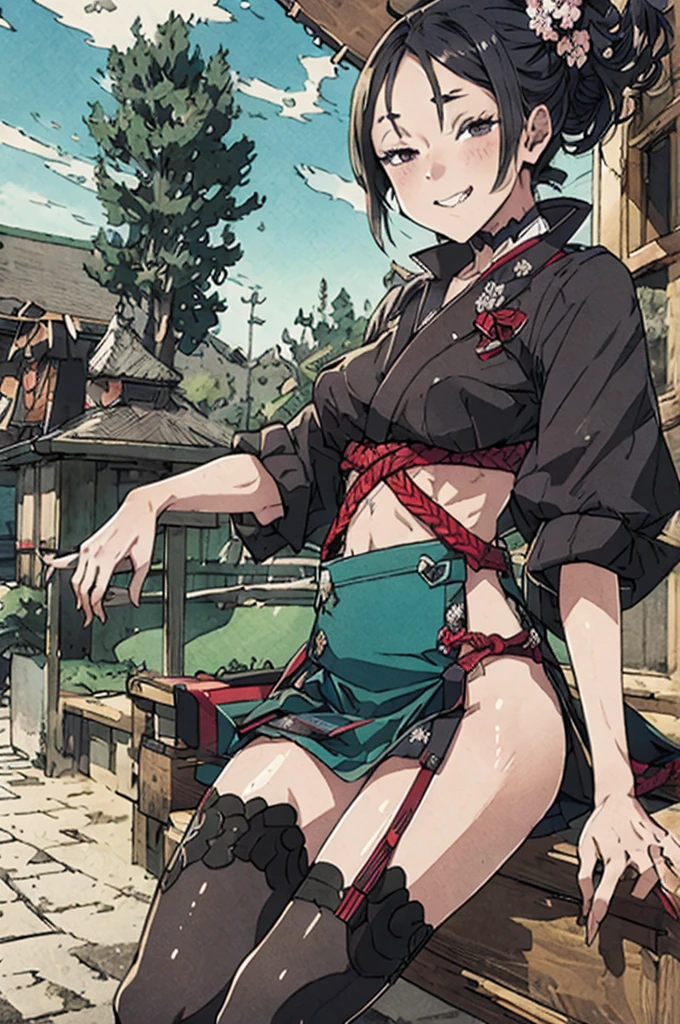 best quality, masterpiece, detailed,2d,flat color, 1girl,,petit,grin,outdoor,miniskirt,thighhighs,(whore,bitch)