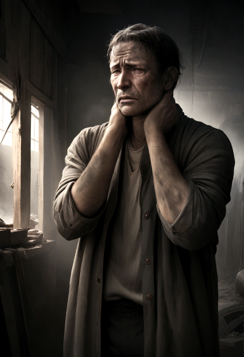 A realistic photo showing a man with the appearance of a factory worker. He has an expression of despair, with both hands around his throat as if he were about to hang himself. His clothing is dirty and worn, giving an impression of hard work and difficult conditions. The background is gray and gloomy, reinforcing the atmosphere of sadness and despair., photo