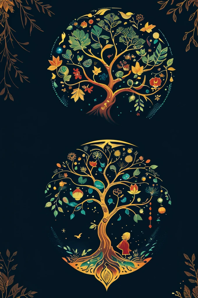 circular tree,four seasons,spring,summer,autumn,winter,leaves,roots,branches,trunk,ornate border,decorative,digital illustration,artwork,movement,time,swirling background,dark background,vibrant colors,natural,life cycle,growth,change,nature,life,peace,harmony,spirituality,symbolism,digital art,illustration,painting,graphic design,art,design,digital media,online art,visual art,fine art,fantasy
