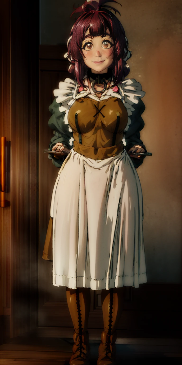 full body standing straight symmetrical, lustful smirking smile face red blush red cheeks, looking at viewer, holding tray, braid, maid headdress, maid, dress, apron, long sleeves, brown pantyhose, long leather militar boots, thighs, long white hair, masterpiece