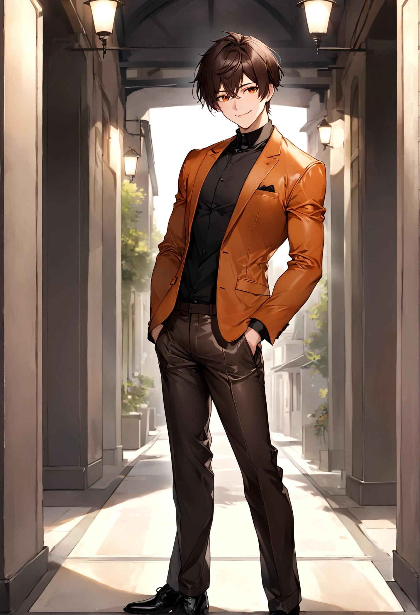 ((masterpiece, best quality)),(illustration),(detailedlight),((anextremelydelicateandbeautiful)),a leather brown suit-jacket with an an breast-pocket over a high-collared black shirt, dark grey pants and shoes, smiling, black anime medium-short length hair, handsome
He's a asian male that stands at 6'1"ft, 180lbs.
Has a medium build with a bit of muscle, dark brown hair, orange eyes, wolf cut hairstyle