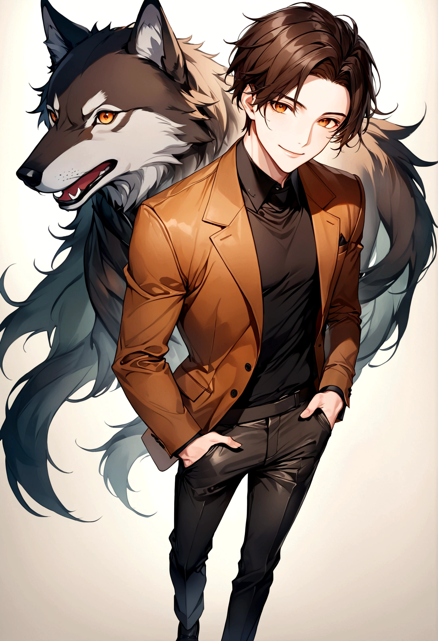 ((masterpiece, best quality)),(illustration),(detailedlight),((anextremelydelicateandbeautiful)),a leather brown suit-jacket with an an breast-pocket over a high-collared black shirt, dark grey pants and shoes, smiling, black anime medium-short length hair, handsome
He's a asian male that stands at 6'1"ft, 180lbs.
Has a medium build with a bit of muscle, dark brown hair, orange eyes, wolf cut hairstyle