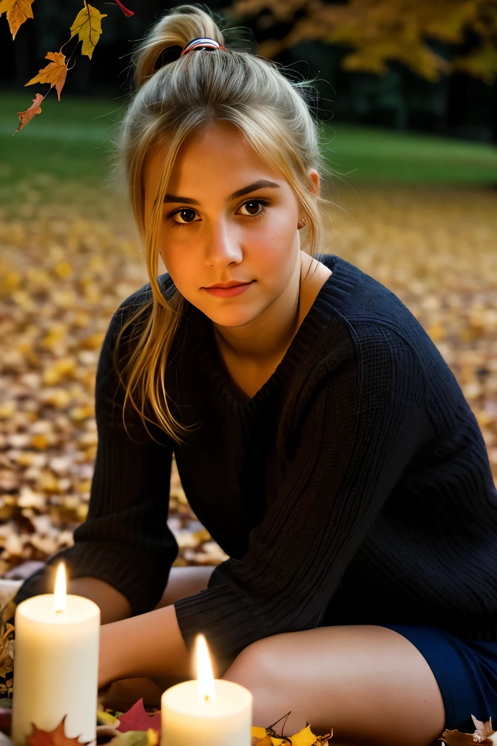 Highly detailed color photography in RAW format, professional photo of a young Catalan woman., mournful expression, (autumn park with falling leaves), (Perfect dirty blonde hair with ponytail), Wool sweater with silk shorts, close-up, by candlelight, negative space, taken with a canon eos 5 d