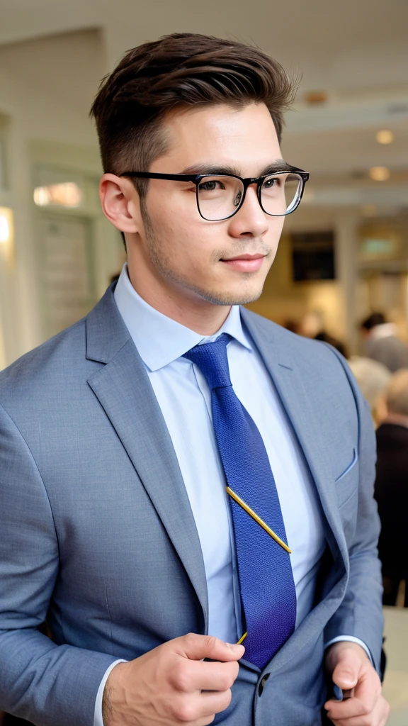 A base model of a handsome man, wearing glasses and tie