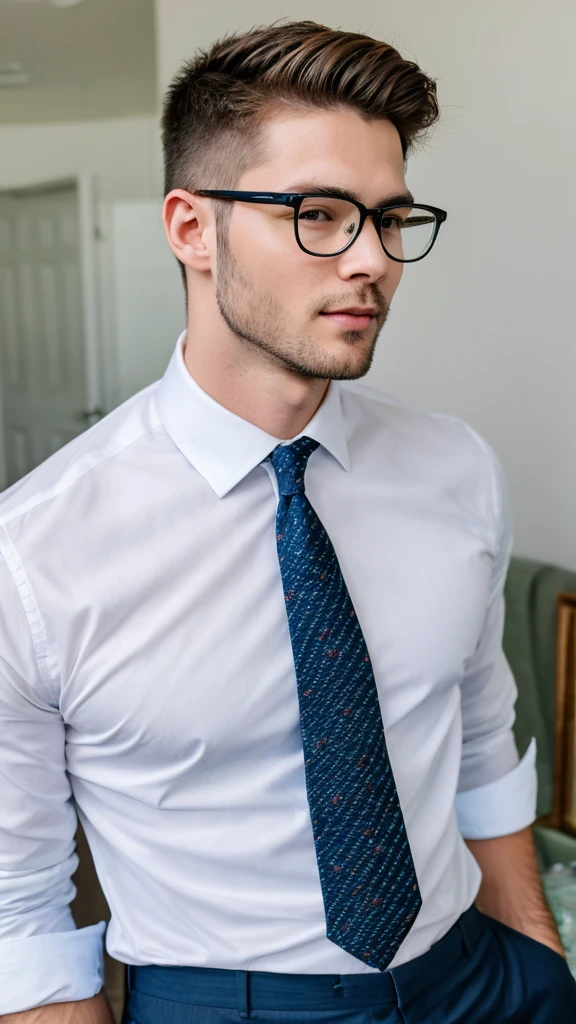 A base model of a handsome man, wearing glasses and tie